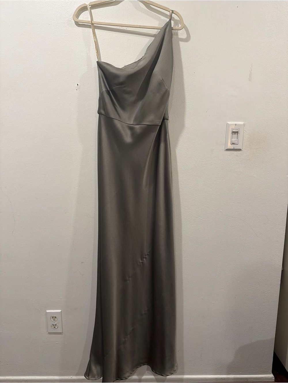 Jenny Yoo One-Shoulder Satin Maxi Dress in Charcoal Gray